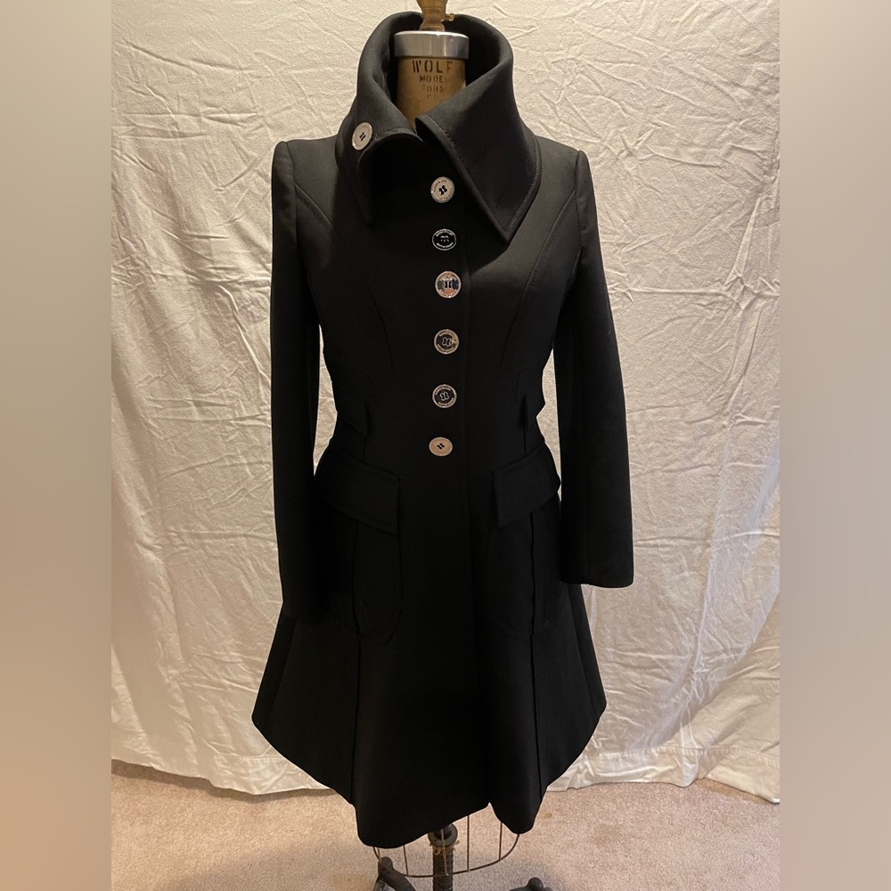 Karen Millen Black Trench Coat with Gold Buttons and High Collar